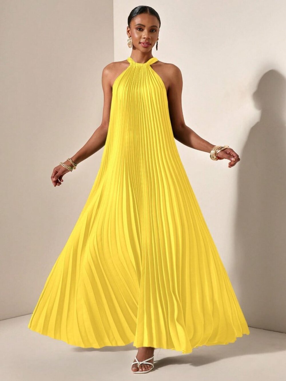 Yellow Casual Women's Halterneck Pleated A-Hem Loose Maxi dress - Picture 7 of 7
